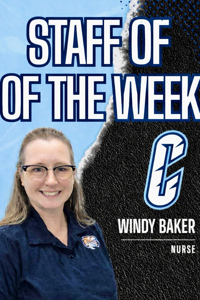 Alt Text: Nurse Windy Baker smiling in a Carroll polo next to a blue and black “Staff of the Week” graphic with her name and title displayed.