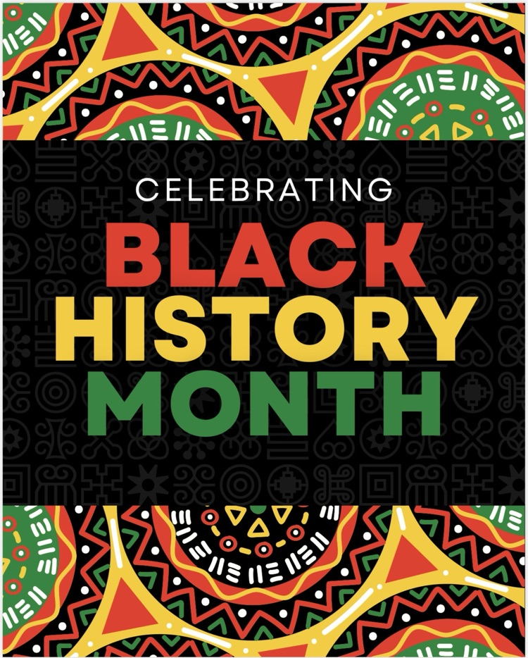 Graphic with bold text reading “Celebrating Black History Month” in red, yellow, and green on a black background with colorful African-inspired patterns at the top and bottom.