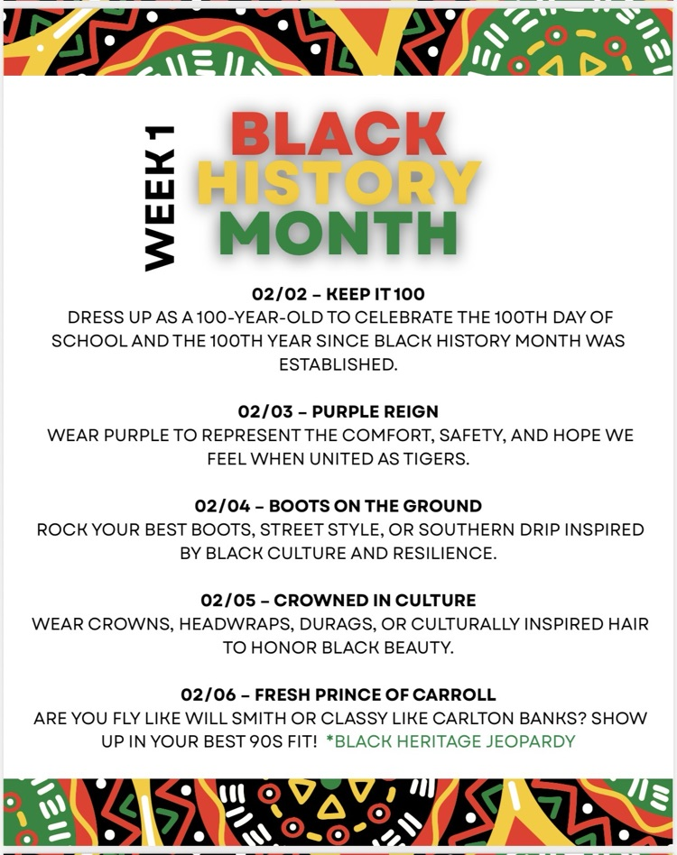 Graphic with bold text reading “Celebrating Black History Month” in red, yellow, and green on a black background with colorful African-inspired patterns at the top and bottom.