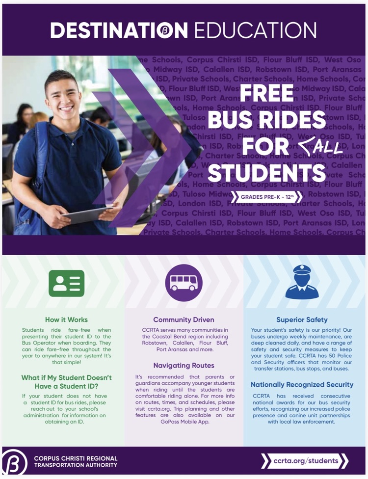 Alt Text: Purple flyer titled “Destination Education” promoting free bus rides for all students in grades Pre-K–12.