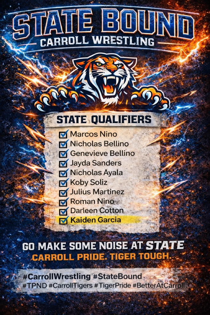 Alt text: Carroll Wrestling state qualifiers graphic with bold “State Bound” text and a list of ten wrestlers heading to the state tournament.
