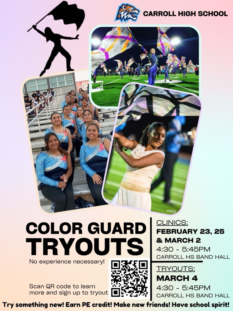 Alt text: Carroll Color Guard tryout flyer with photos of students performing and clinic and tryout information. 