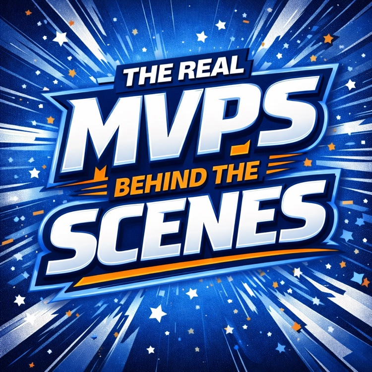 Alt Text: Blue and white graphic with bold text reading “The Real MVPs Behind the Scenes” surrounded by starburst effects, celebrating Support Staff Appreciation Week at Carroll High School.