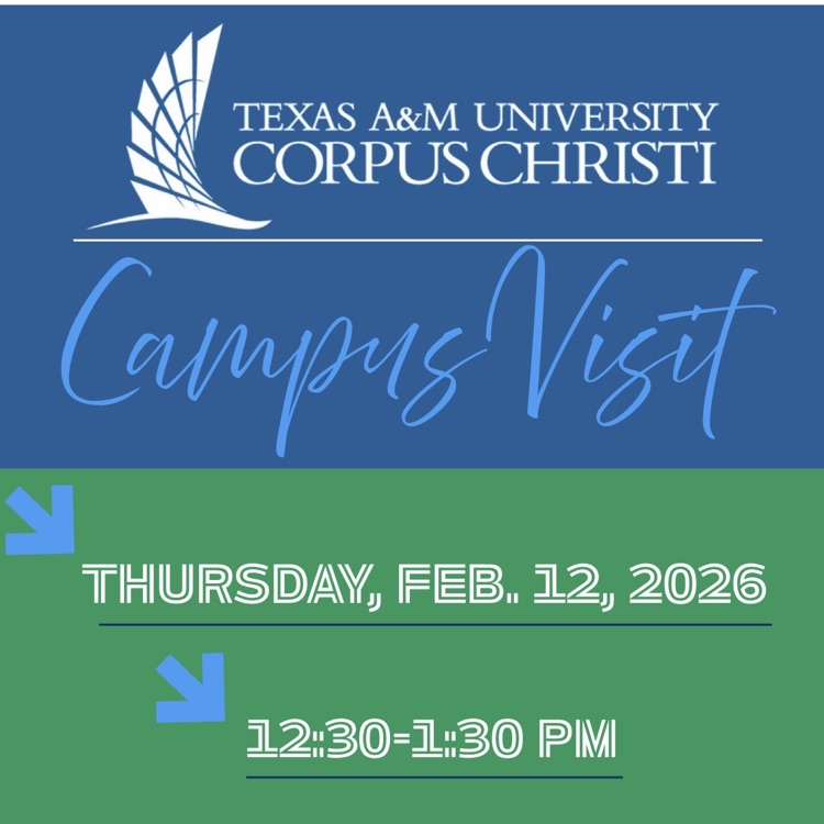 Graphic promoting a Texas A&M University–Corpus Christi campus visit on Thursday, February 12 from 12:30–1:30 PM during Tiger Time