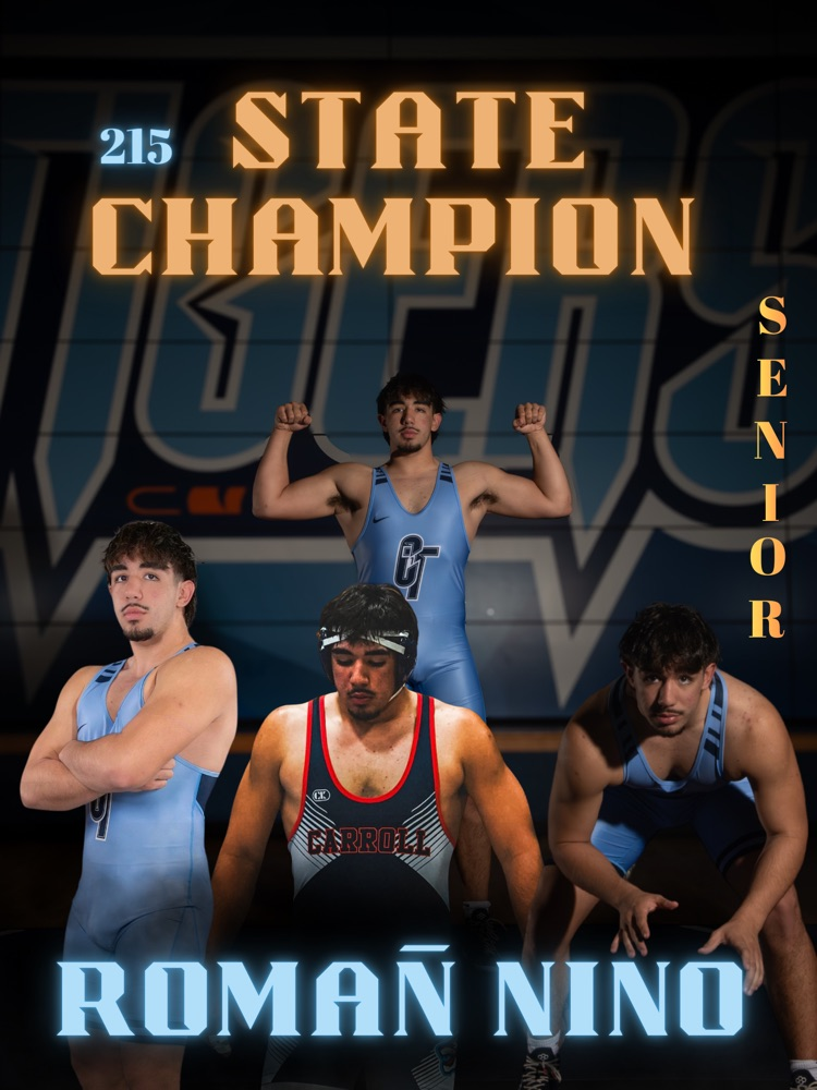 Carroll wrestler executes a takedown during a state championship match as the crowd watches in the background.