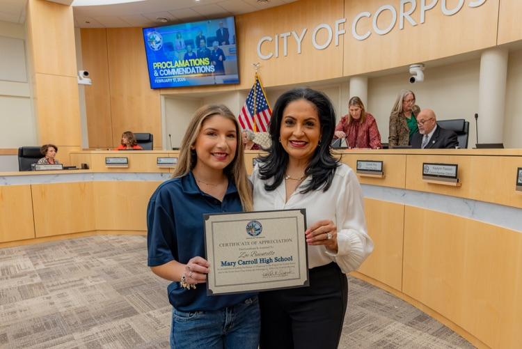 Zoe Buentello recognized at City Council for representing Mary Carroll High School.