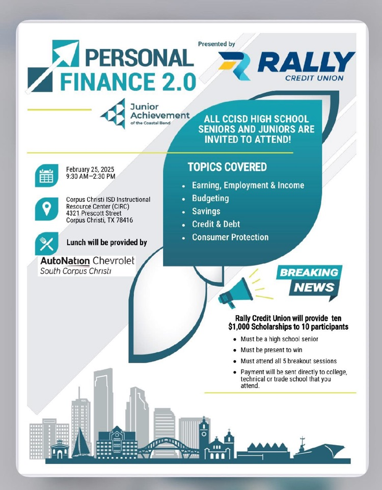 ⸻ Short alt text: Five Carroll students pose with a $1,000 scholarship check from Rally Credit Union.