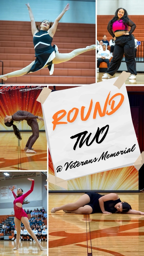 Collage of student dancers performing on a gym floor with text reading “Round Two @ Veterans Memorial.”