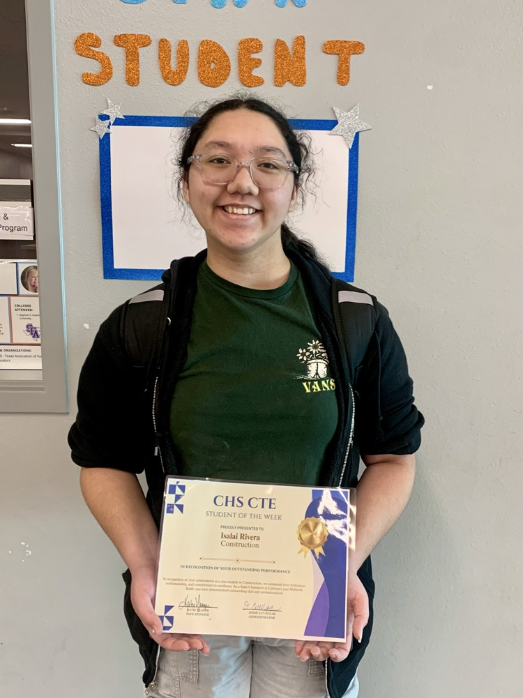 W text: Student Isalai Rivera recognized as Carroll High School CTE Star Student of the Week for Construction.