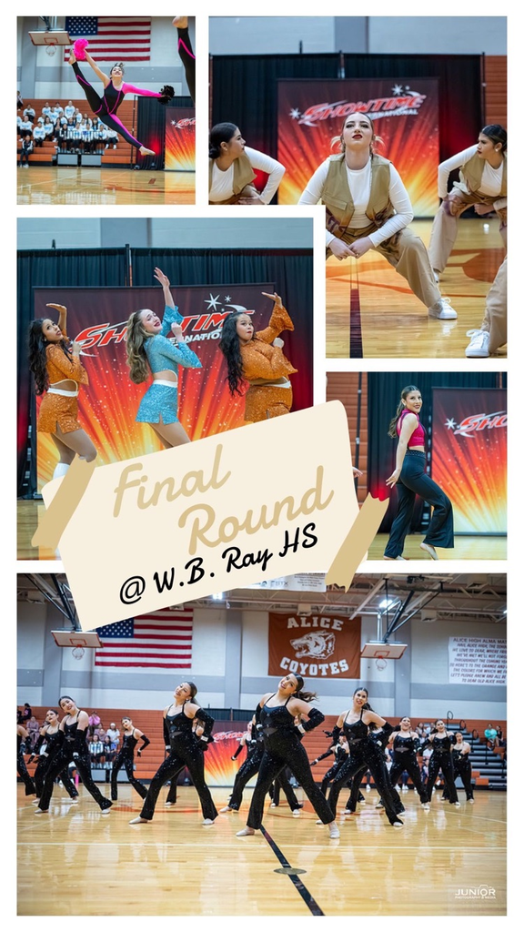 Blue graphic showing Tigerette MA Dance competition schedule at W.B. Ray High School with photos of Carroll Tigerettes performing various dance routines.