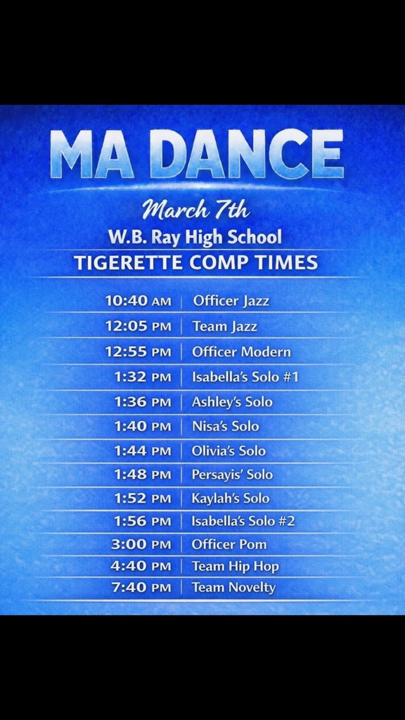 Blue graphic showing Tigerette MA Dance competition schedule at W.B. Ray High School with photos of Carroll Tigerettes performing various dance routines.