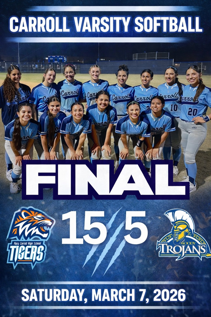 Alt text: Carroll varsity softball team posing together on the field after defeating Moody 15–5.