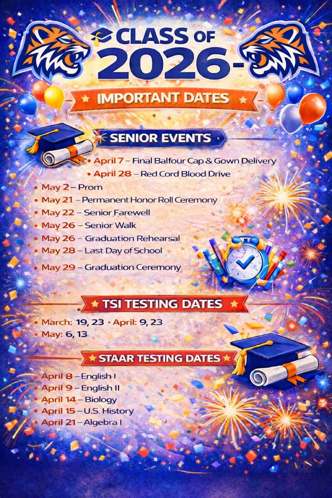 Alt text: Graphic listing important Class of 2026 senior events, testing dates, and graduation information for Carroll High School.