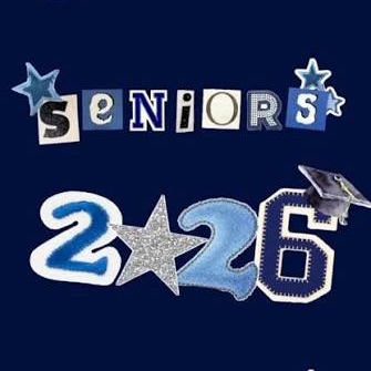 Alt Text: A dark blue graphic featuring decorative stars, a graduation cap, and stylized cutout letters spelling “Seniors 2026,” representing the Class of 2026 counting down the final weeks until graduation.