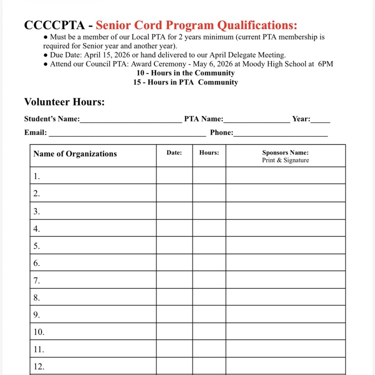 Alt Text: A Carroll High School graphic reminding seniors that PTSA Gold Cord volunteer hours forms are due March 27th, along with a sample form showing how to log volunteer hours and required information.