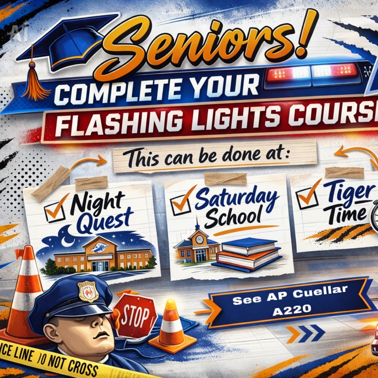 Alt Text: Two graphics reminding seniors to complete CPR and Flashing Lights graduation requirements, showing options like Night Quest, Saturday School, and Tiger Time, along with school-themed visuals and safety icon