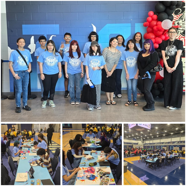 ⸻  Alt Text: Group of high school students in matching blue shirts posing together at an art competition, with additional photos showing students seated at tables creating artwork using various materials inside a gym setting.