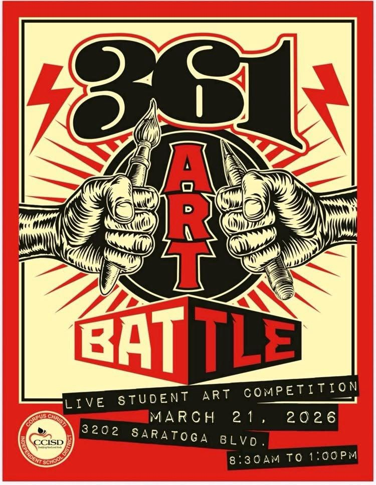 ⸻  Alt Text: Group of high school students in matching blue shirts posing together at an art competition, with additional photos showing students seated at tables creating artwork using various materials inside a gym setting.