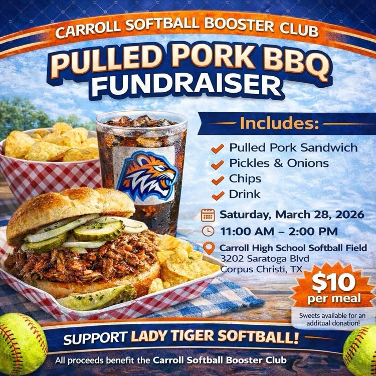 Promotional graphic for a Carroll High School softball fundraiser featuring a pulled pork sandwich, chips, and a drink. 