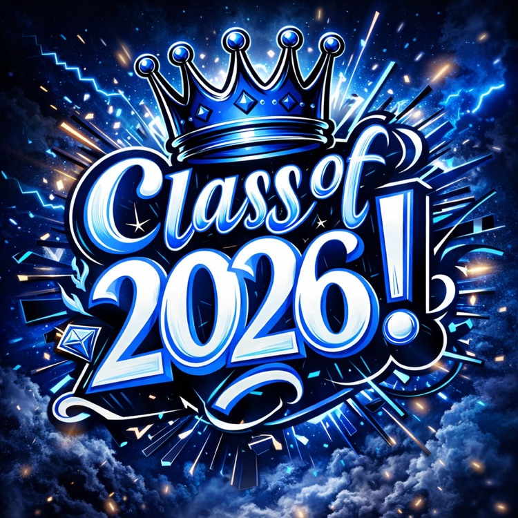 ⸻  Alt Text: Blue and white graphic with crown and bold “Class of 2026” text with explosive background effects.
