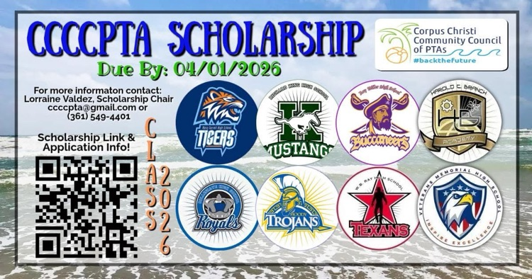 ⸻  Alt Text: Scholarship graphic showing CCCPTA application due April 1, 2026 with QR code for details.