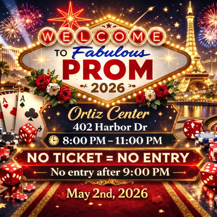 ⸻  Alt Text: Prom 2026 graphic with casino theme showing date May 2, location Ortiz Center, and event details.