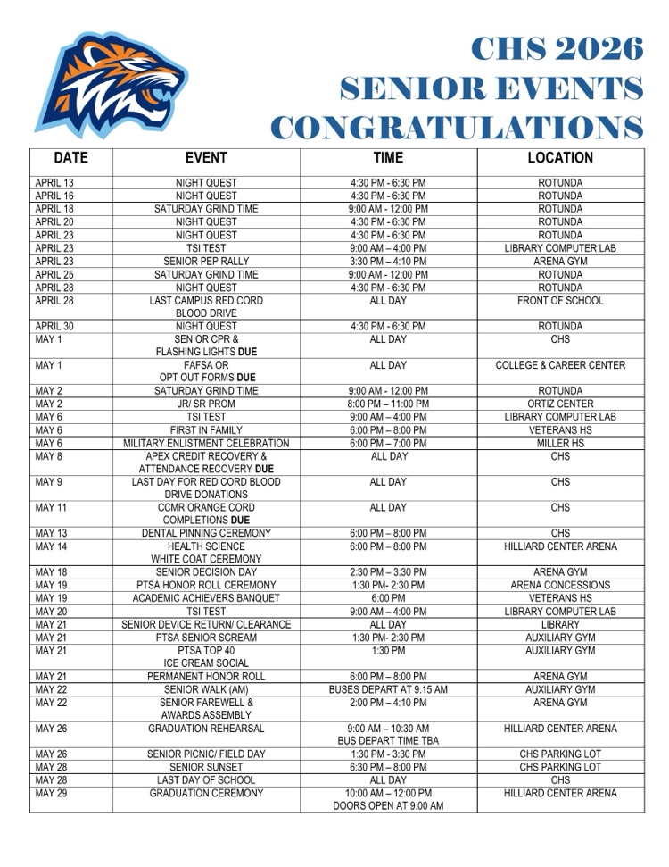 Alt Text: Graphic showing CHS Class of 2026 senior events calendar with dates, times, and locations from April through graduation in May.