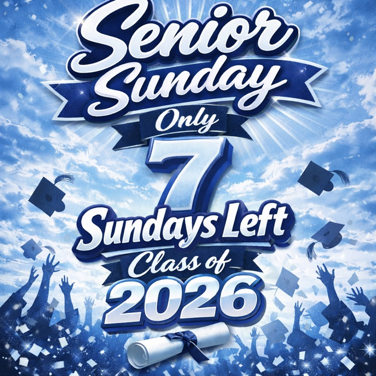 Alt Text: Stylized image with “2026” and graduation graphics, showing a mirrored group of seniors celebrating, representing the start of Senior Sunday countdown.