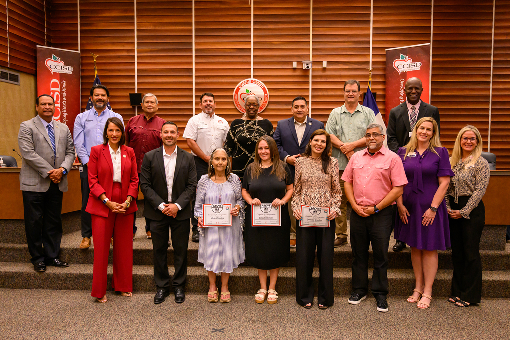 Corpus Christi ISD Above the Line Employee of the Month Winners pose for a photo during a Board of Trustees Meeting with the CCISD School Board and District Administration. 