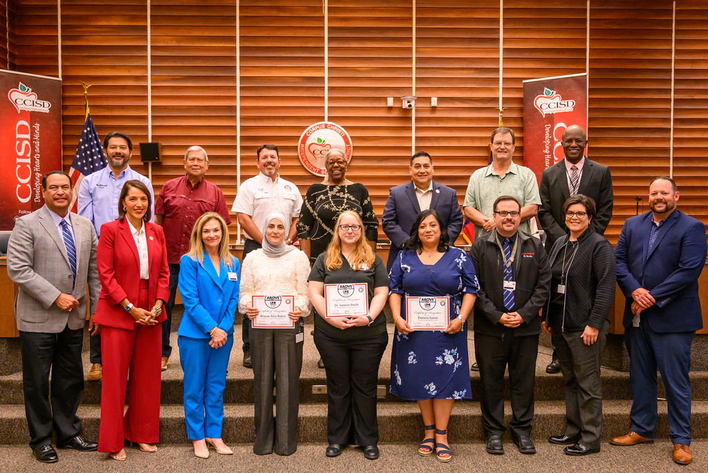 Corpus Christi ISD Above the Line Employee of the Month Winners pose for a photo during a Board of Trustees Meeting with the CCISD School Board and District Administration. 