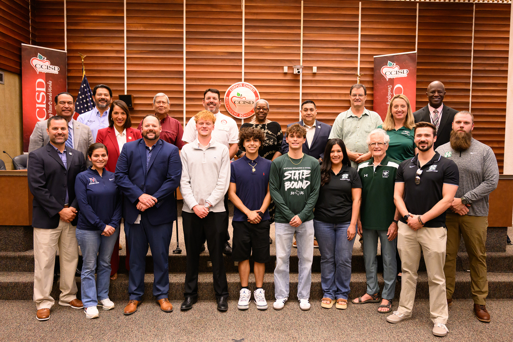 Corpus Christi ISD State diving and swimming finalists pose for a photo during a Board of Trustees Meeting with the CCISD School Board and District Administration. 