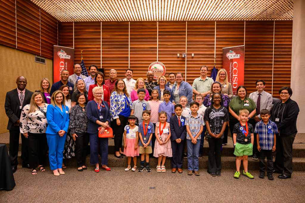 Corpus Christi ISD Elementary Coastal Bend Science Fair Winners pose for a photo during a Board of Trustees Meeting with the CCISD School Board and District Administration. 