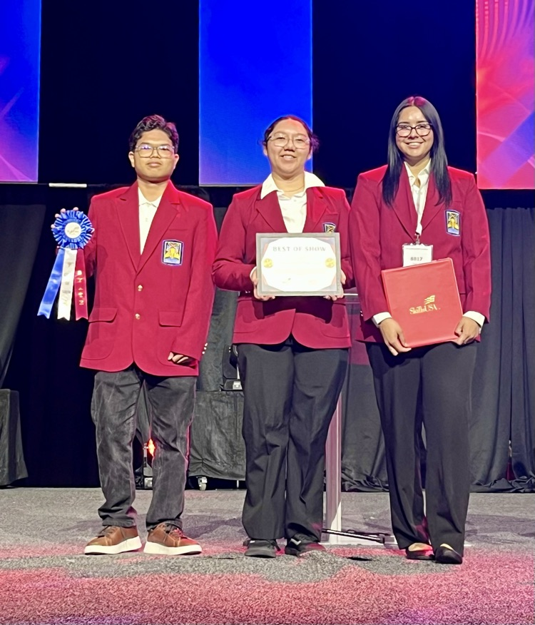 Students celebrating SkillsUSA victories with awards and smiles.