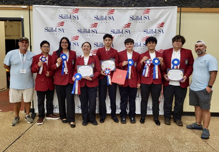 Students celebrating SkillsUSA victories with awards and smiles.