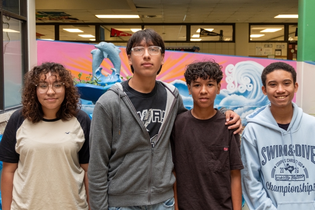 Kaffie Middle School 8th graders Averie Bazan, Maxwell Mitchell, Nevyn Braxton and Donaven Mouton pose for a photo at the school. 