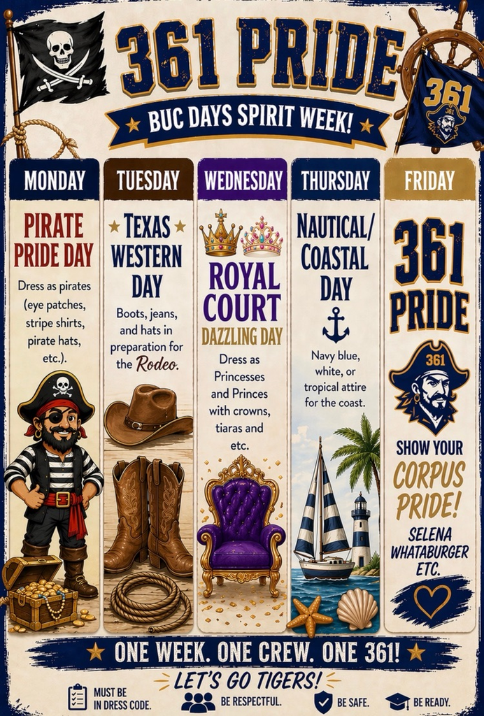 🏴‍☠️🐅 ONE WEEK. ONE CREW. ONE 361. 🐅🏴‍☠️  All week — dress up and rep our city 💪🔥  Let’s go, Tigers 😎  #CarrollPride #TPND #361Pride #BucDays