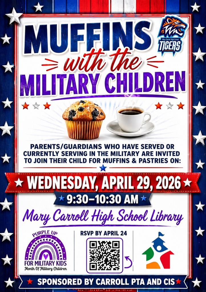 💜🐅 MUFFINS + MILITARY FAMILIES 🐅💜  We’re celebrating our military-connected Tigers! 🇺🇸  📅 April 29 ⏰ 9:30–10:30 AM 📍 CHS Library  Don’t miss it—come grab a muffin and connect. ☕🧁  #CarrollPride #TPND #PurpleUp #MilitaryKids