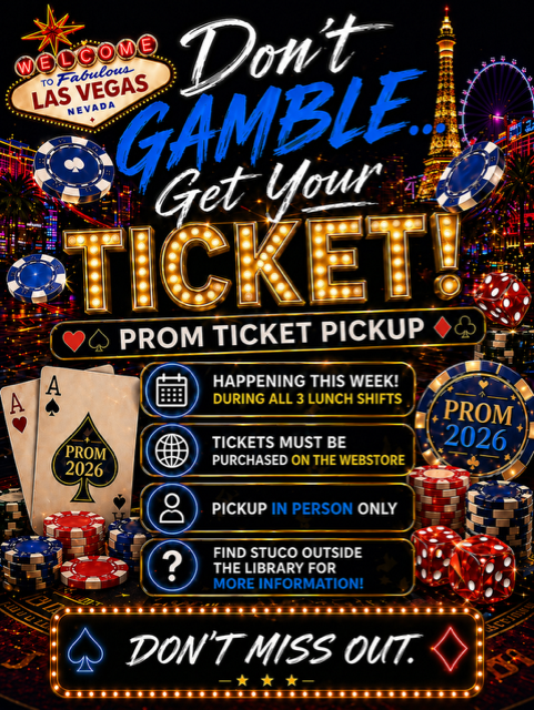 🎲 PROM TICKET PICKUP 🎲 It’s happening THIS WEEK 👀  🗓 During all lunch shifts 📍 Outside the Library (StuCo Table)  🎟 Must be purchased online before pickup  Don’t wait till the last minute… get your ticket and be ready for Vegas night ✨  #Prom2026 #CHSProm