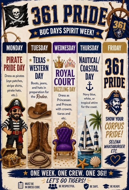 🏴‍☠️ BUC DAYS DRESS UP WEEK 🏴‍☠️  Monday — 🏴‍☠️ Pirate Pride Tuesday — 🤠 Texas Western Wednesday — 👑 Royal Court Thursday — ⚓ Nautical/Coastal Friday — 💙 361 Pride  One week. One crew. One 361.  #BucDays #CarrollPride
