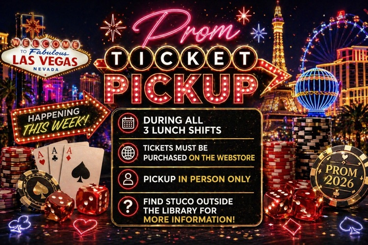 🎰✨ PROM TICKET PICKUP ✨🎰  Happening THIS WEEK during all 3 lunch shifts!  🎟️ Tickets must be purchased on the webstore 📍 Pickup is in person only 🐅 Find StuCo outside the library for more info  Don’t miss out, Tigers! Vegas is calling. 🎲💙