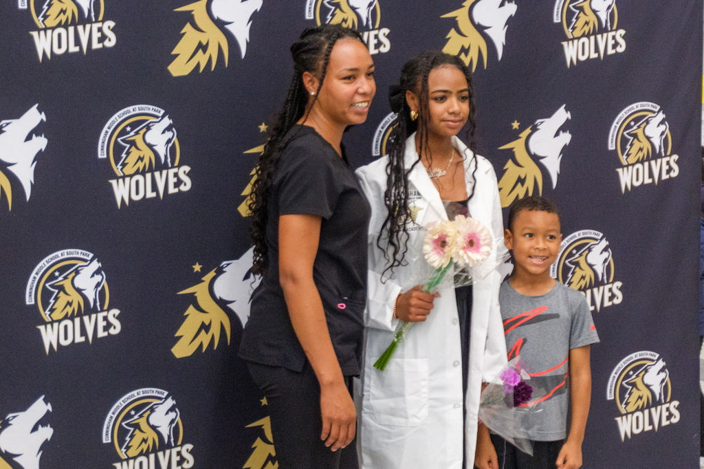 Cunningham at South Park Middle School white coat ceremony. 