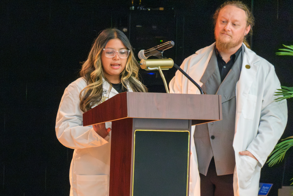 Cunningham at South Park Middle School white coat ceremony. 