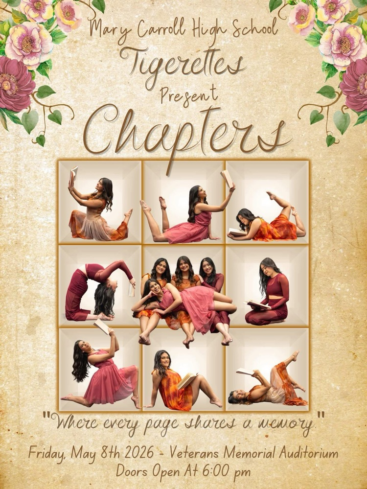 The Tigerettes present “Chapters” 💫 🗓 May 8, 2026 📍 Veterans Memorial Auditorium ⏰ Doors open at 6 PM  Come be part of the story. 🐯💙 #Tigerettes #Chapters #TigerPride