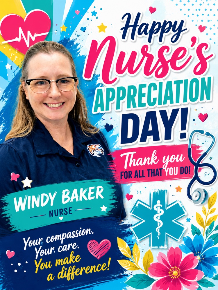 Today we celebrate the heart of our campus health office — Nurse Windy Baker! 💙🩺🐯  Carroll is stronger because of YOU. 💐 Happy Nurse’s Appreciation Day!  #TigerPride #NursesAppreciationDay #ThankYouNurseBaker #BetterAtCarroll