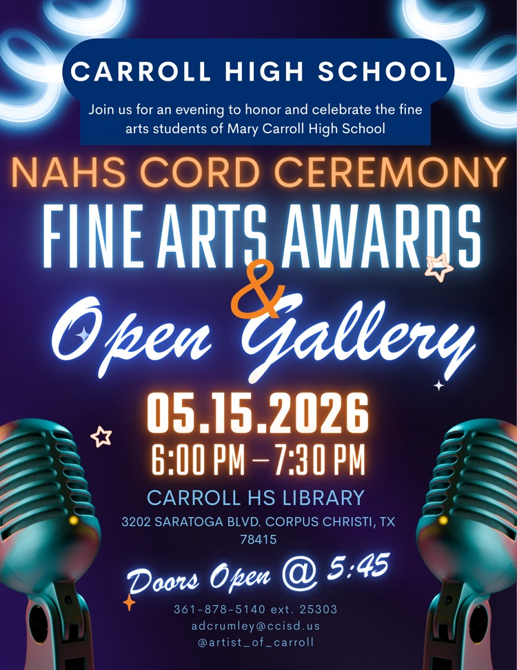 Paintings. Awards. Vibes. 🎭✨ The Fine Arts Tigers are taking over the library on May 15! 🐯🎨  #TigerPride #BetterAtCarroll #FineArtsNight #NAHS