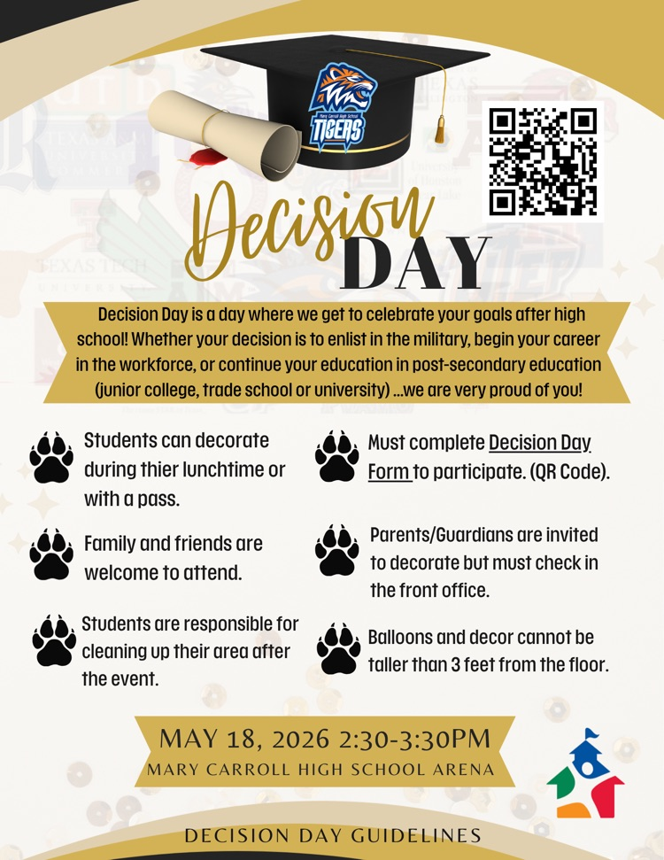 Class of 2026, this is your moment. Don’t forget to complete the Google Form to participate!  📍 Carroll HS Arena 📅 May 18, 2026 ⏰ 2:30–3:30 PM  #DecisionDay #ClassOf2026 #TigerPride #SeniorSunday 
