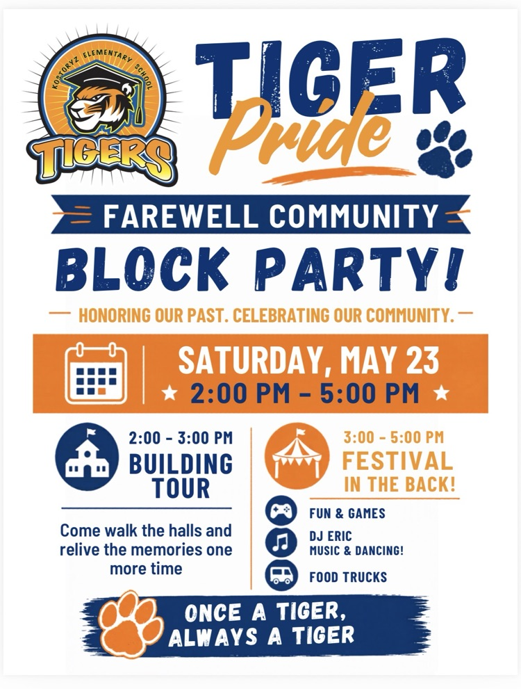 Join us as we celebrate the Kostoryz community one last time at the Tiger Pride Farewell Community Block Party!   Come relive the memories, enjoy the festival, and celebrate with us.   #TPND 