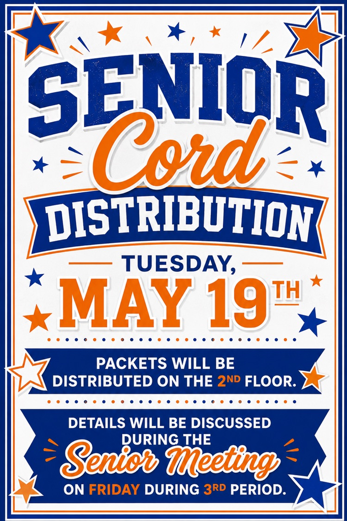 Senior Cord Distribution will take place on Tuesday, May 19th on the 2nd floor.