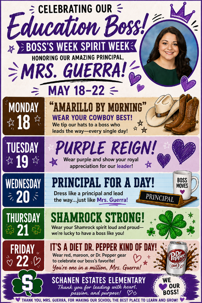 Next week, May 18-22, we're honoring our amazing principal, Mrs. Violeta Guerra, with a fun-filled Spirit Week inspired by some of her favorite things! 
