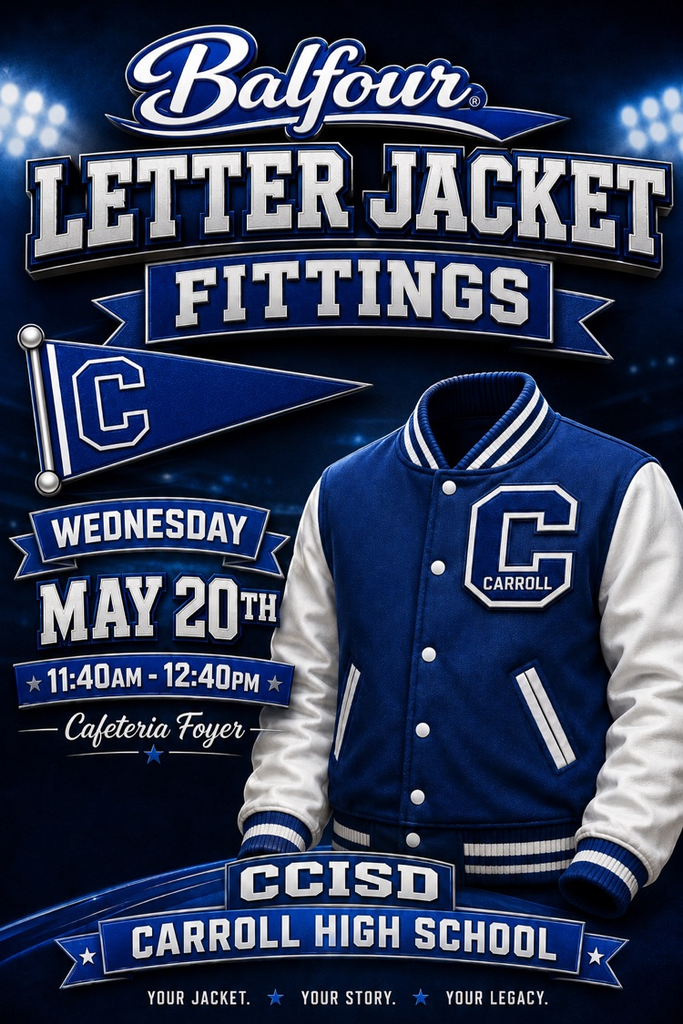 Don’t miss Balfour Letter Jacket Fittings! 🐅💙  📅 Wednesday, May 20 ⏰ 11:40 AM – 12:40 PM 📍 Cafeteria Foyer  Get fitted and rep your Carroll pride in style! 🔥 #CarrollTigers #TPND #LetterJacket #TigerPride